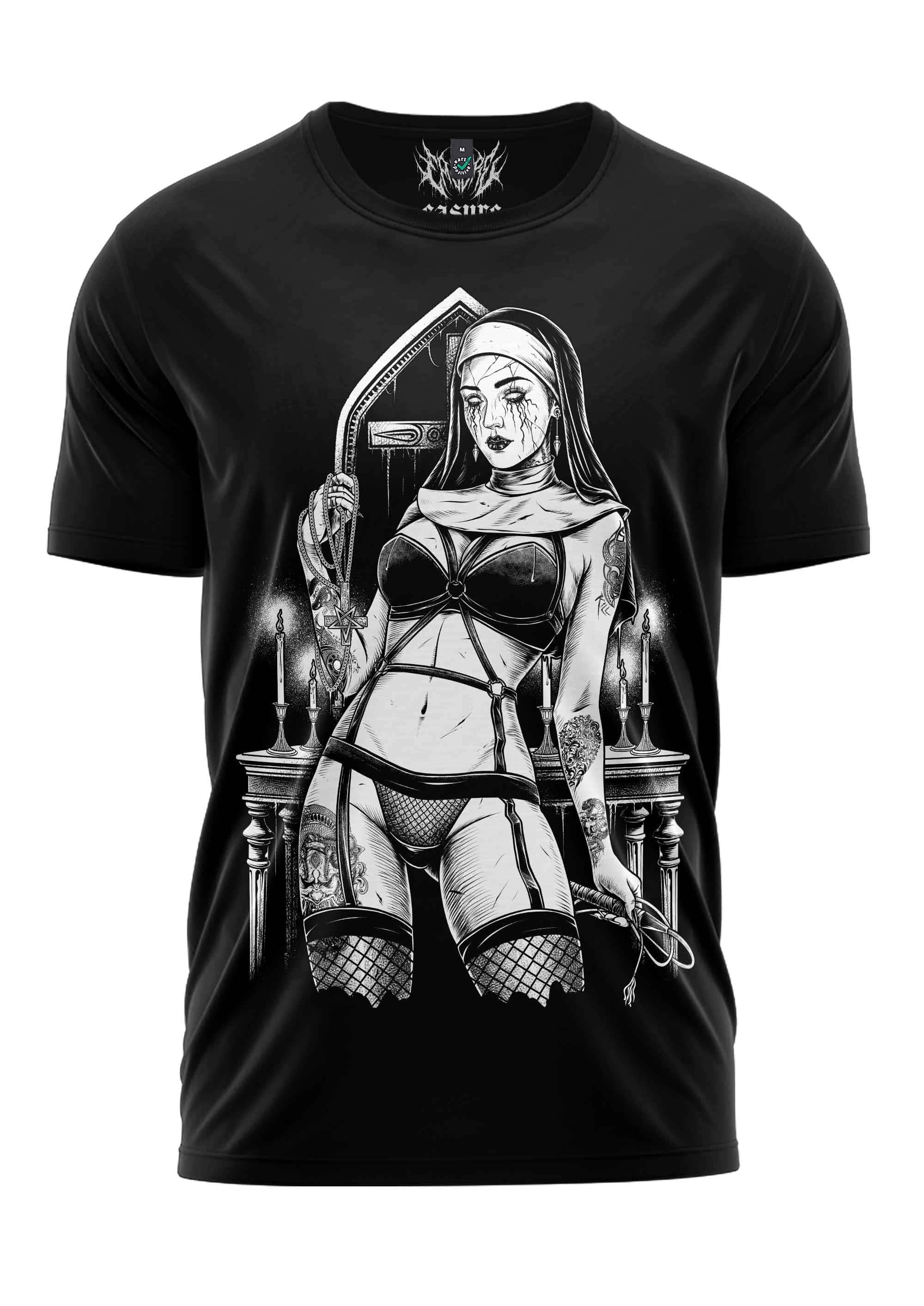 Schwarzes gothic t-shirt bitte mit detaillierter schwarz-weiß grafik einer horror-nenne in lingerie und netzstrümpfen